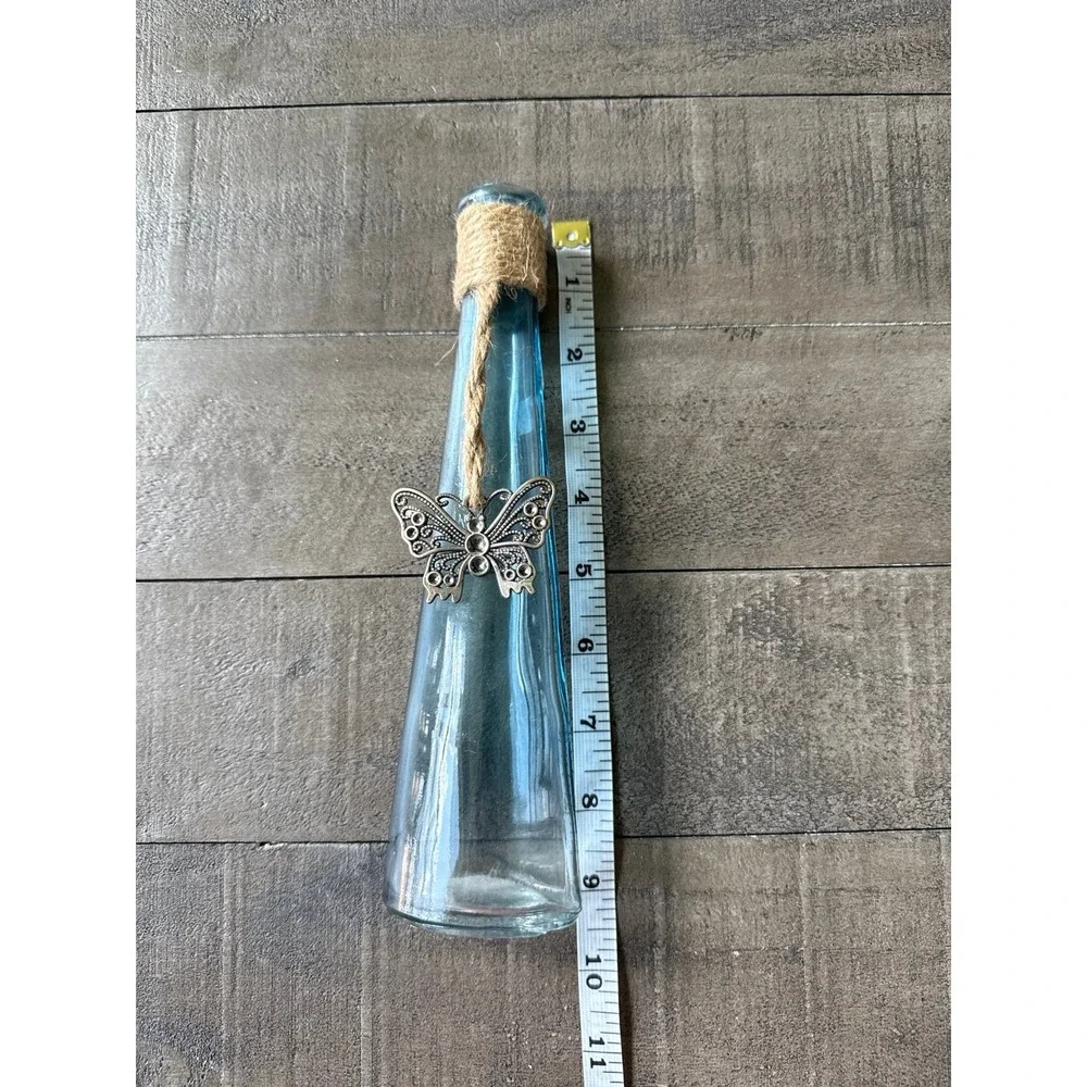 clear glass bud vase rustic rope-wrapped neck‎ butterfly decorative charm 9x3